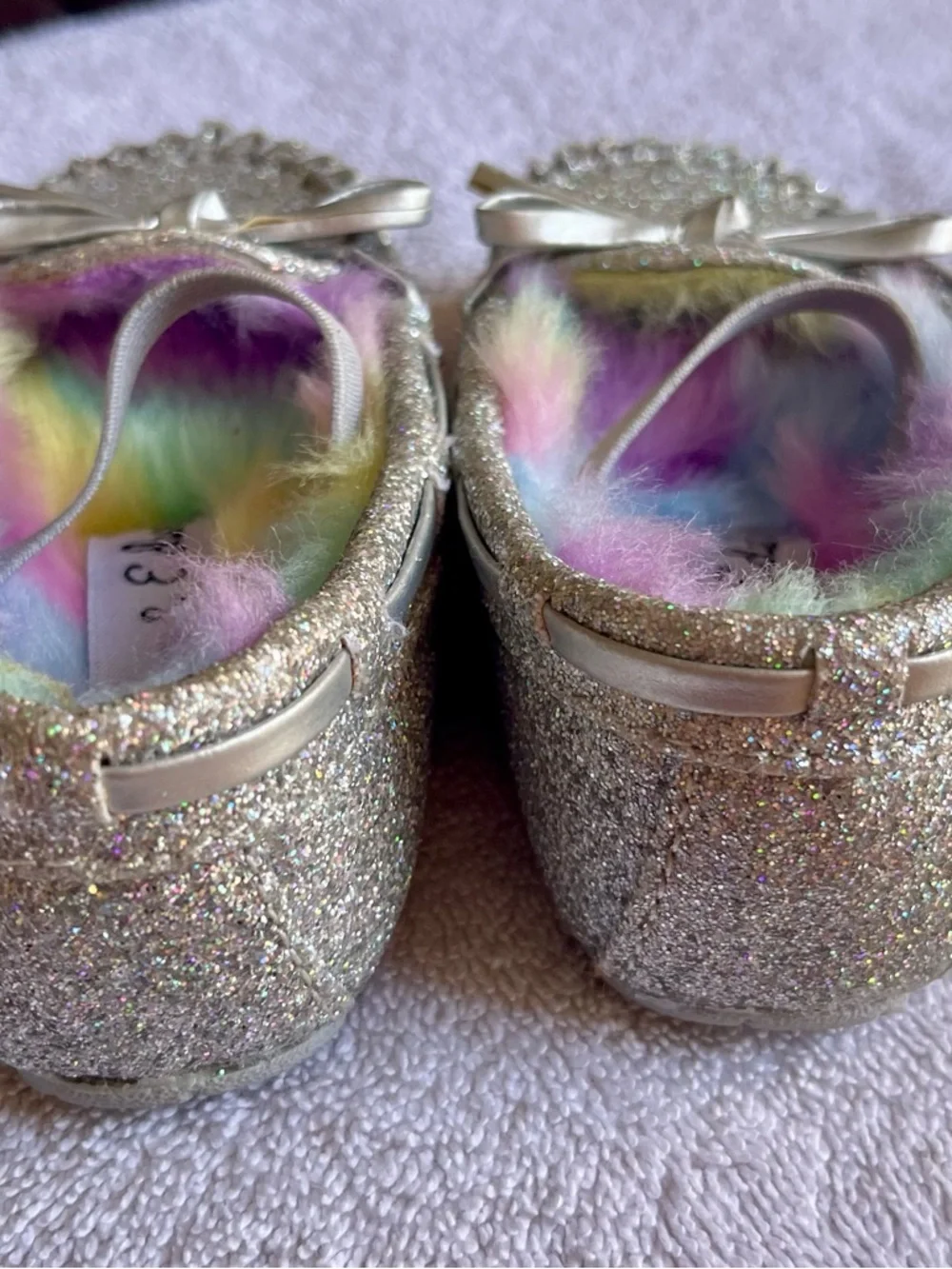 Girls' Glitter Moccasin Slippers with Rainbow Faux Fur Lining